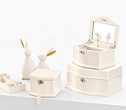 Wooden Musical Jewelry Box for girls with Mirror and Key Lock, Gift for Kids on Birthdays and Holidays (Pink, Small) (Beige, Medium)