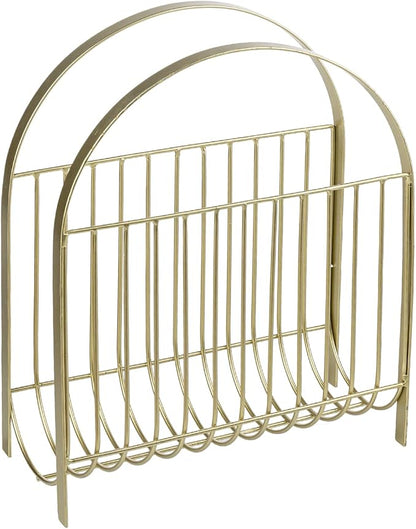 MyGift Deluxe Mid Century Brass Tone Metal Wire Magazine Holder Rack, Table or Floor Display Newspaper Stand Storage Sling for Magazines and Vinyl Record Albums