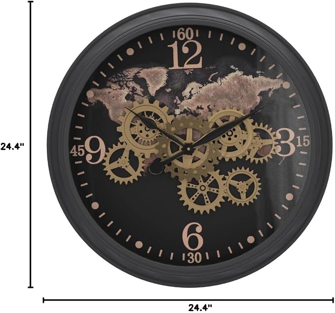 CLXEAST 24 Inch Moving Gear Wall Clock with World Map Pattern,Large Black Gold Metal Wall Clock for Modern Farmhouse Living Room Decor,Reloj De Pared para Sala