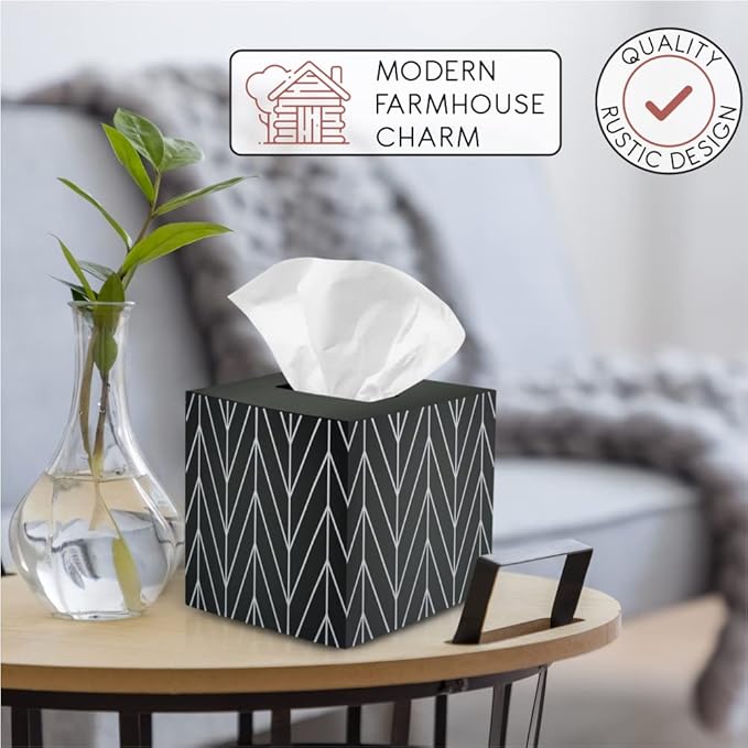Ilyapa Wooden Tissue Box Cover, Black Wood Chevron Design - Modern Printed Wooden Tissue Holders