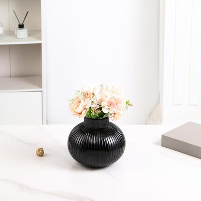 Black Glass Vase, Flower Vases for Bouquet, Ribbed Glass Vases for Flowers, Small Black Vase for Living Room, Office, Coffee Table, Shelf, Wedding, 6 Inches