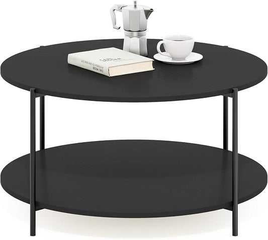 Furinno BESI Coffee Table, 2-Tier Round Modern Coffee Table with Metal Legs, Side Table with Open Shelf, for Living Room, Bedroom, Home Office, Americano