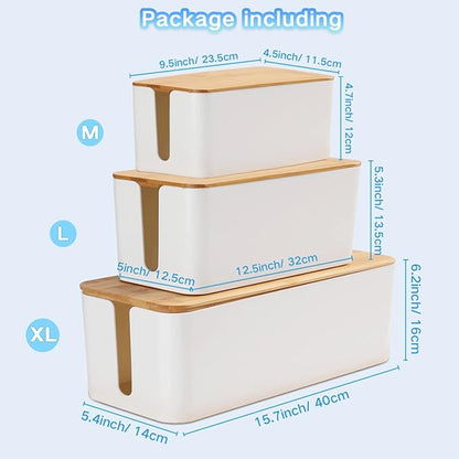 Cable Management Box Organizer, Set of 3 Bamboo Lid Storage Wires Holder to Cover Hide Surge Protector, Power Strips & Cords- with 5 Cables Fastening Tapes for Home, Office, Desk, PC, TV, USB Hub