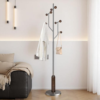 Coat Rack Freestanding with Stainless Steel Marble Base, 8 Wood Ball-shaped Hooks, Heavy-Duty Standing Rack Clother Hanger Rack Metal Coat Tree for Bedroom Entryway, Hat, Bags, Long Dresses