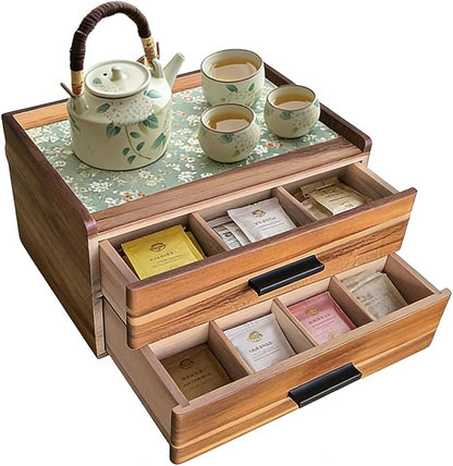 Double Drawer Acacia Wood Tea Bag Organizer, 21-Slot Tea Organizers and Storage, Tea Box Organizer Storage Box for Countertop Office Coffee Corner – Bring Warmth and Order to Your Tea Corner