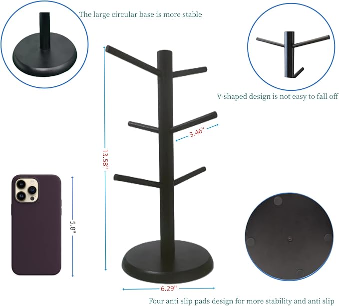 Black Coffee Mug Holder, Non-Slip Cup Tree With 6 Hooks for Counter, Rack (Black)