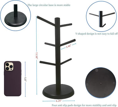 Black Coffee Mug Holder, Non-Slip Cup Tree With 6 Hooks for Counter, Rack (Black)