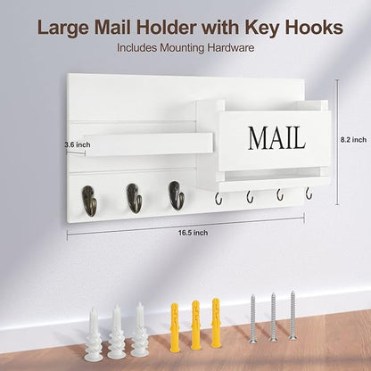 Mail Organizer for Wall Mount – Key Holder with Shelf Includes Letter Holder and Hooks for Hallway Farmhouse Decor – Rustic Wood with Flush Mounting Hardware (16.5” x 9.1” x 3.4”) (White)