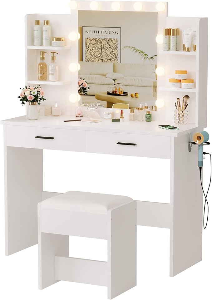 KAMABOKO Vanity Desk with Mirror, LED Lights and Power Outlet, Makeup Vanity Table with Glass Display Cabinet and 4 Drawers, Dressing Table with Stools for Bedroom (010 White)