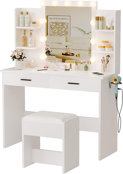 KAMABOKO Vanity Desk with Mirror, LED Lights and Power Outlet, Makeup Vanity Table with Glass Display Cabinet and 4 Drawers, Dressing Table with Stools for Bedroom (010 White)