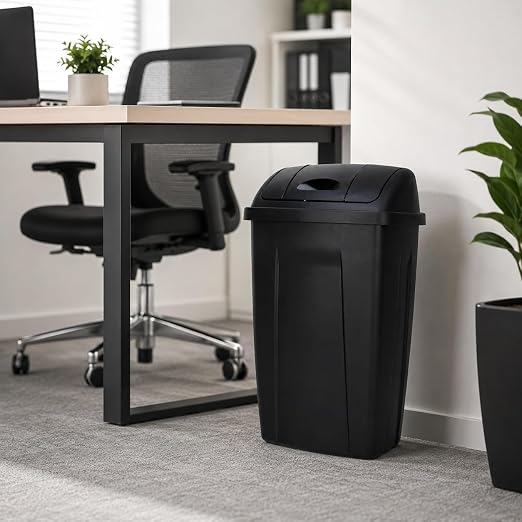 SKYREN 13 Gallon Kitchen Trash Can with Swing Top Lid, Plastic Garbage Bin for Home, Office, Laundry Room, Pantry or Dorm, Black