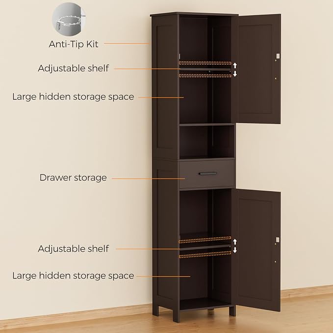 Homhedy 67" H Tall Bathroom Storage Cabinet with 2 Barn Doors and 1 Drawer, Narrow Storage Unit, Adjustable Shelves, Floor Cabinet for Bathroom, Living Room, Entryway, Kitchen, Brown, (15.7" W)