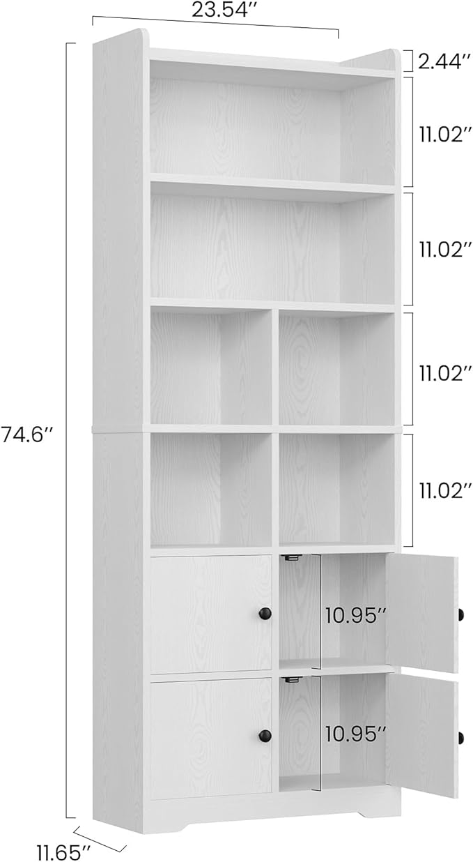 IRONCK Bookshelves and Bookcases with 4 Doors, 6-Tier Bookshelf with Storage Shelves 74.6 in Tall Bookcase for Home Office, Living Room, Bedroom, White