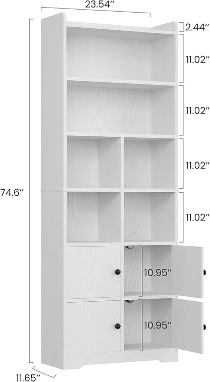 IRONCK Bookshelves and Bookcases with 4 Doors, 6-Tier Bookshelf with Storage Shelves 74.6 in Tall Bookcase for Home Office, Living Room, Bedroom, White