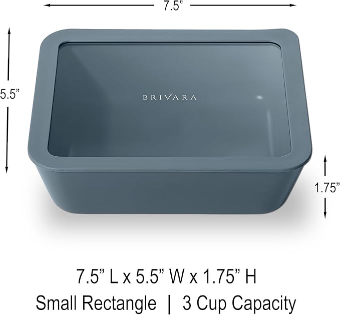 BRIVARA HOME Ceramic Coated Glass Food Storage Container | No PTFE, PFOA, PFAS, and BPA | Reusable Non Toxic Meal Prep Container with Glass Lid | Easy To Store | 3 Cup Rectangle [Dusk]