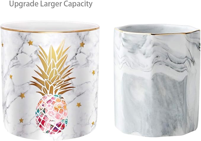 WAVEYU Pen Holder, Pencil Holder for Desk, Cute Makeup Brush Holder Marble Pineapple Pattern Pencil Cup for Girls Kids Durable Ceramic Desk Organizer Pineapple Decor for Office, Classroom