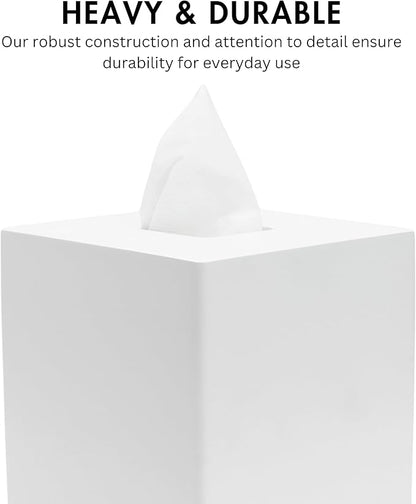 Yew Design Matte White Square Tissue Box Cover, Decorative Tissue Box Dispenser for Bathroom, Parlors, Office, Bedroom Dresser, Vanity Countertop, Nightstand, Car, and Desk