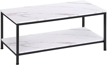 SUPER DEAL 2-Tier Coffee Table with Storage Shelf for Small Apartment Living Room, Rectangle Wood and Stable Metal TV Stand Side End Table, White Marble