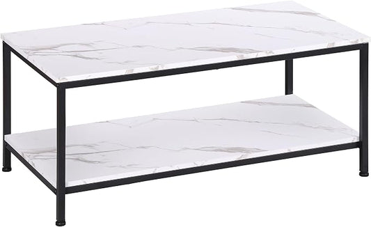 SUPER DEAL 2-Tier Coffee Table with Storage Shelf for Small Apartment Living Room, Rectangle Wood and Stable Metal TV Stand Side End Table, White Marble