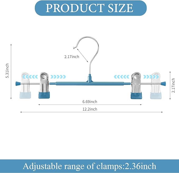 30PACK Pants Hangers with Clips Adjustable Skirt Hangers for Women Metal Non-Slip Trousers Hanger Heavy Duty Space Saving Clothes Hanger for Shorts,Jeans,12Inch,Blue