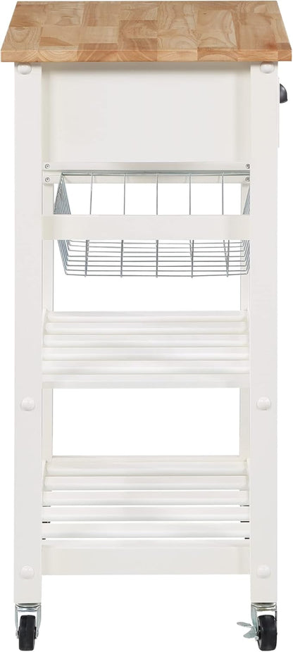 OSP Home Furnishings Hampton Kitchen Cart with Wood Top, Utensil Drawer, Under Cabinet Basket, and 2 Slatted Shelves, White Base