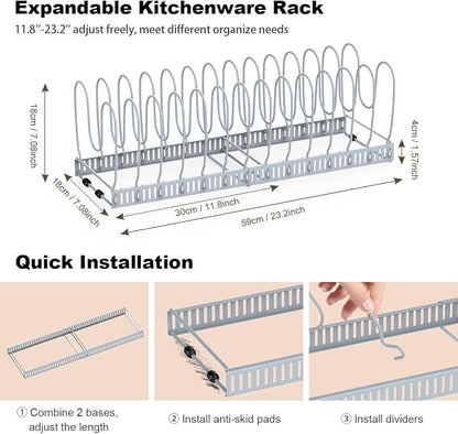 Housolution Pot and Pan Organizer Rack for Cabinet, Upgraded Expandable Pot Lid Organizer with 14 Adjustable Dividers, Pan Holder Storage Rack for Kitchen Cabinet, Grey