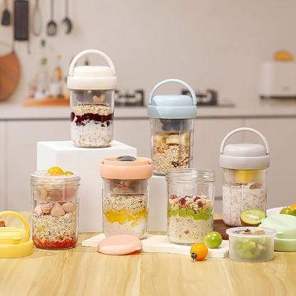 UWILLION Overnight Oats Containers with Lids and Handles, 16 oz Glass Mason Jars with Folding Spoons & Topping Compartments, Yogurt Parfait Cups for Meal Prep, Chia Pudding, Breakfast to Go, 2 Pack