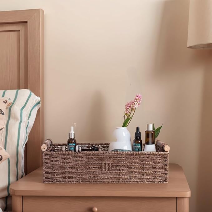 Brown Toilet Basket for Toilet Paper, Wicker Storage Basket with Wooden Handles, Handwoven Paper Rope Toilet Tank Basket, Decorative Basket for Toilet Countertop, Bathroom Baskets for Organizing