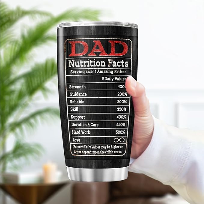 Best Dad Ever Black Travel Mug 20oz, Funny Nutrition Facts Insulated Stainless Steel Tumbler for Father, Husband, Grandpa, Unique Birthday or Father's Day