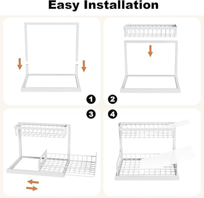 REALINN Under Sink Organizer, Pull Out Cabinet Organizer, 2 Tier Metal Slide Out Shelf with L Shaped Design for Kitchen, Bathroom, Laundry, and Utility Cabinet Storage for Deep Cabinets, White, 2 Pack