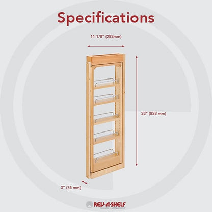 Rev-A-Shelf 3" W x 33" H Pull Out Quad Shelf Organizer for Wall & Base Kitchen Cabinets, Full Extension Filler Spice Rack, Adjustable, Wood, 432-WF33-3C