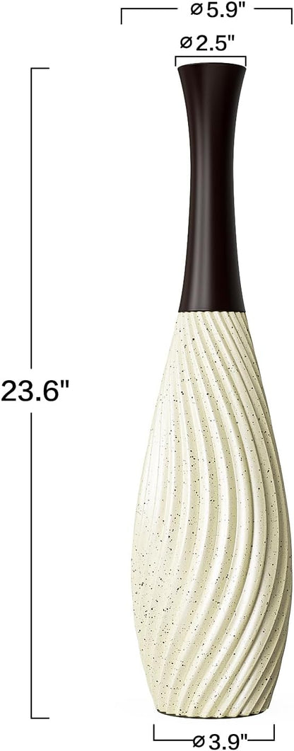 23.6 Inch Cream Tall White Vases – Brown Neck Teardrop Vase with Textured Vertical Lines & Speckled Finish, Decorative Floor Vase for Living Room, Wedding, Boho Home Decor – Resin Tall Vases