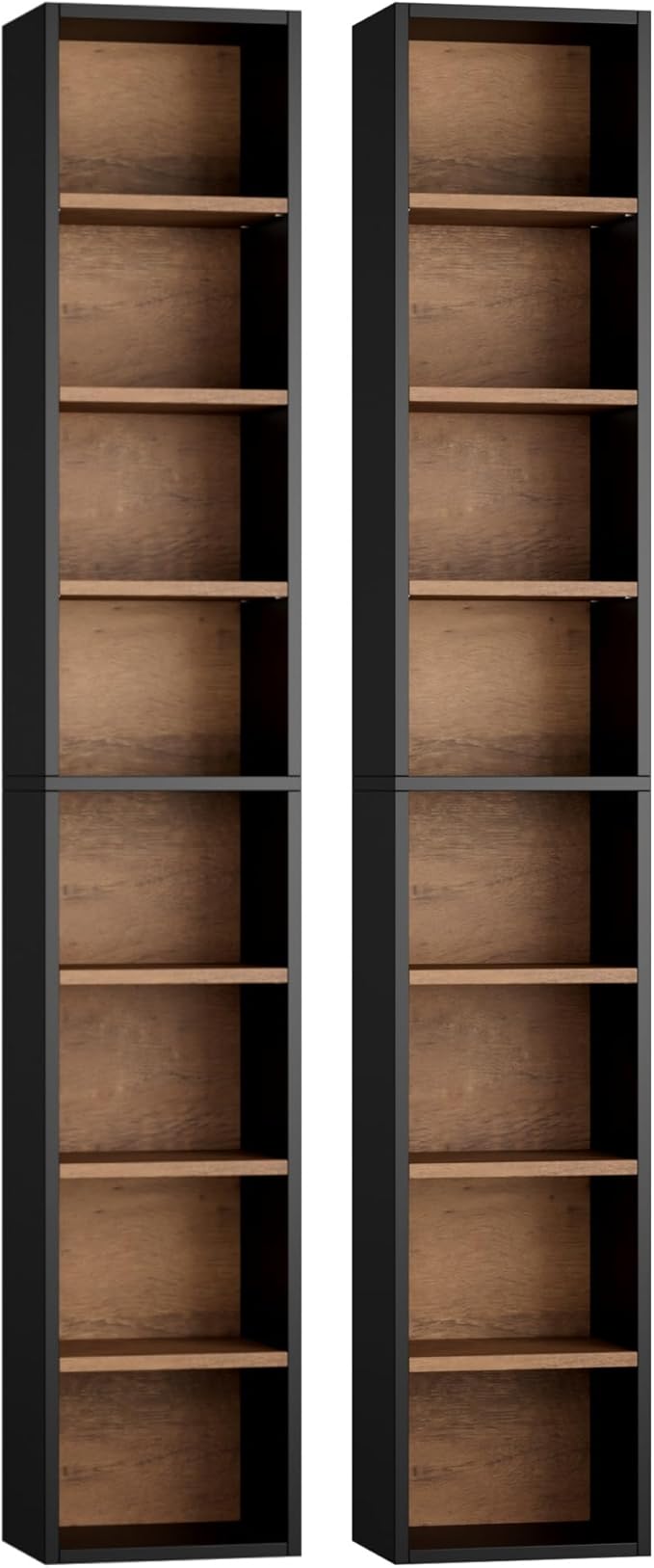 FOTOSOK 2 Pcs 71'' Tall Narrow Bookshelf, 8-Tier Media Tower Rack Set of 2, CD DVD Storage Cabinet with Adjustable Shelves, Tall Narrow Bookcase Skinny Display Bookshelf Slim Shelf, Black/Brown