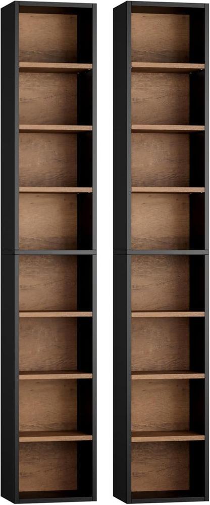 FOTOSOK 2 Pcs 71'' Tall Narrow Bookshelf, 8-Tier Media Tower Rack Set of 2, CD DVD Storage Cabinet with Adjustable Shelves, Tall Narrow Bookcase Skinny Display Bookshelf Slim Shelf, Black/Brown