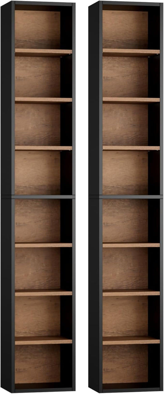 FOTOSOK 2 Pcs 71'' Tall Narrow Bookshelf, 8-Tier Media Tower Rack Set of 2, CD DVD Storage Cabinet with Adjustable Shelves, Tall Narrow Bookcase Skinny Display Bookshelf Slim Shelf, Black/Brown