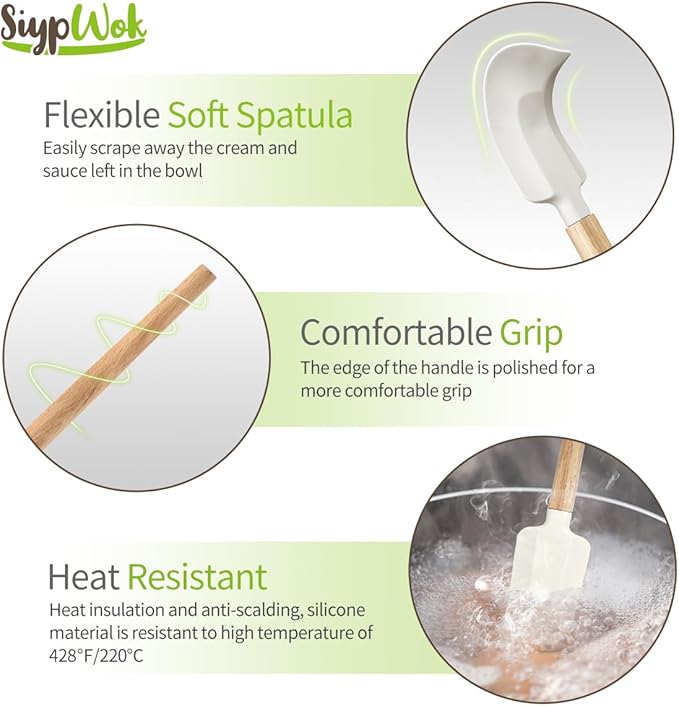 Silicone Spatula Set, Food Grade Rubber Spatula Off White-4 Piece Nonstick Rubber Spatulas with Wooden Handle, Spoonula, Jar Scraper for Cooking, Baking, Mixing, Frosting - Heat Resistant Up to 600°F