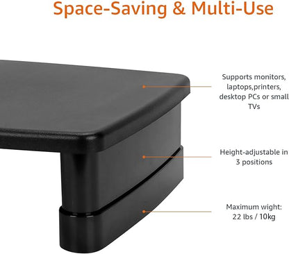 Amazon Basics Height Adjustable Monitor Stand Riser with Storage Organizer, 3-Level Stackable Design, Durable ABS Plastic, Supports up to 22lbs, for Monitors & Laptops, Black