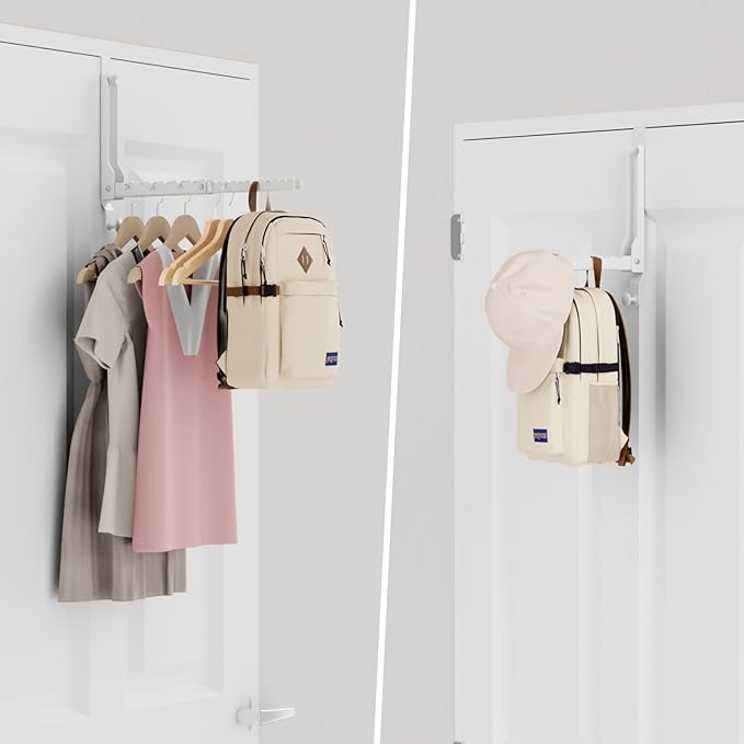 BAKON Over The Door Hangers, Over Door Hooks for Hanging, Small Space Dual Folding Portable Over Door Clothes Hanger for Clothes, Hats, Bags and Towels (2Pack,White(Update))