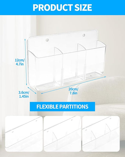 1 PCS Adhesive Remote Control Holder Wall Mount, 3 Slot Adjustable Remote Holder for TV Controller with Hollow Bottom for Charging, Wall Pen Holder for Home Office School (Clear, 1)