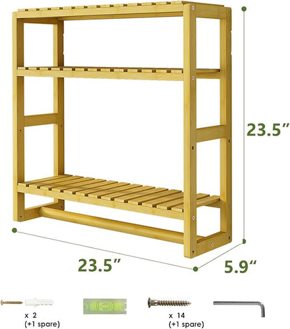 Galood Over The Toilet Storage Bathroom Shelves Wall Mounted 3 Tier Space Saver Corner Shelf Organizer Bamboo Towel Rack Toilet Paper Cabinet with Hanging Rod Yellow