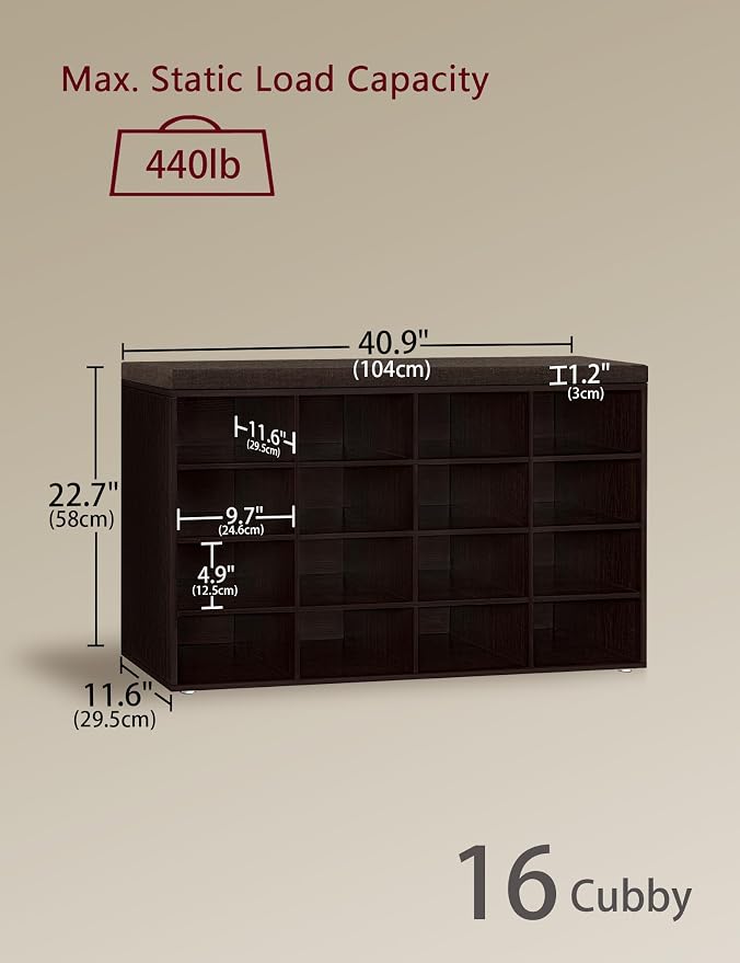 DINZI LVJ Shoe Storage Bench with Cushion, 16-Cubby Shoe Rack, Adjustable Shelves, Multifunctional Shoe Organizer Bench for Entryway, Mudroom, Hallway, Living Room, Bedroom and Garage, Espresso