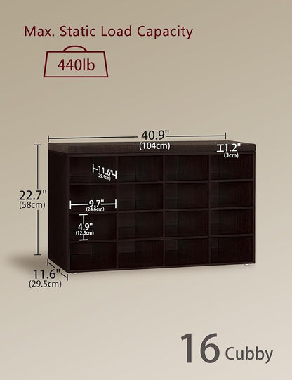 DINZI LVJ Shoe Storage Bench with Cushion, 16-Cubby Shoe Rack, Adjustable Shelves, Multifunctional Shoe Organizer Bench for Entryway, Mudroom, Hallway, Living Room, Bedroom and Garage, Espresso