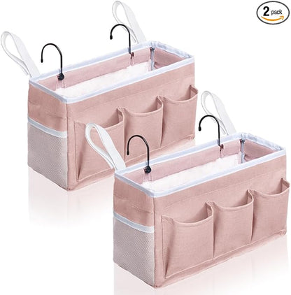 Kanrichu Bedside Caddy Hanging Storage Bag, Organizer Baskets with Pockets for Bunk Bed Accessories, Loft & Dorm Rooms Chair Bed Rails (Pink-2pcs)