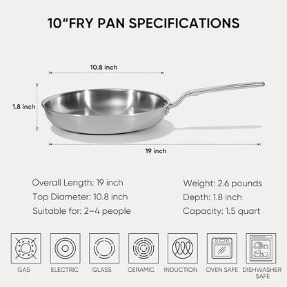 10 Inch Stainless Steel Frying Pan - 5 Ply Stainless Clad Skillet with Aluminum Core, Durable and Even Heating, Professional Cookware for Induction, All Stoves, Oven and Dishwasher Safe