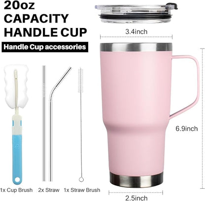 20 oz Tumbler with Handle, Stainless Steel Insulated Tumbler with Lid and Straw, Double Wall Vacuum Coffee Mug Tumbler, Insulated Coffee Thermal Cup for Cold and Hot (Pink)