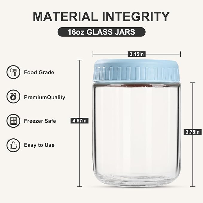 SHOWIN Overnight Oats Containers with Lids, 16oz Glass Jars with Lids 2 pcs, Light Blue, Wide Mouth Mason jars for Salad, Yogurt, Snacks, Meal Prep