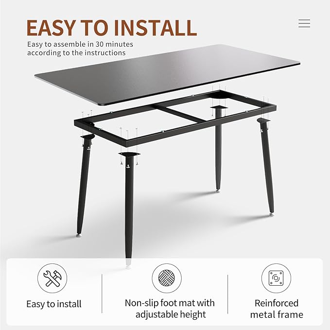Dining Table, Sintered Stone Kitchen Table, 55'' Black Modern Rectangular Slate Patio Table with Metal Legs, Indoor Outdoor Stone Dining Table for Patio, Backyard, Scratch and Heat Resistant