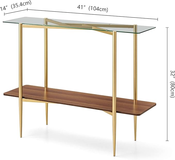 Rectangle Glass Console Table, Mid-Century Modern Design, L41*W14*H32 inch, for Living Room, Clear Glass Top and Walnut Finish Wood Shelf, Conical Metal Legs with Gold Finish