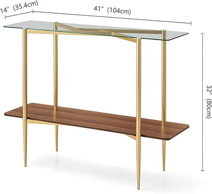 Rectangle Glass Console Table, Mid-Century Modern Design, L41*W14*H32 inch, for Living Room, Clear Glass Top and Walnut Finish Wood Shelf, Conical Metal Legs with Gold Finish