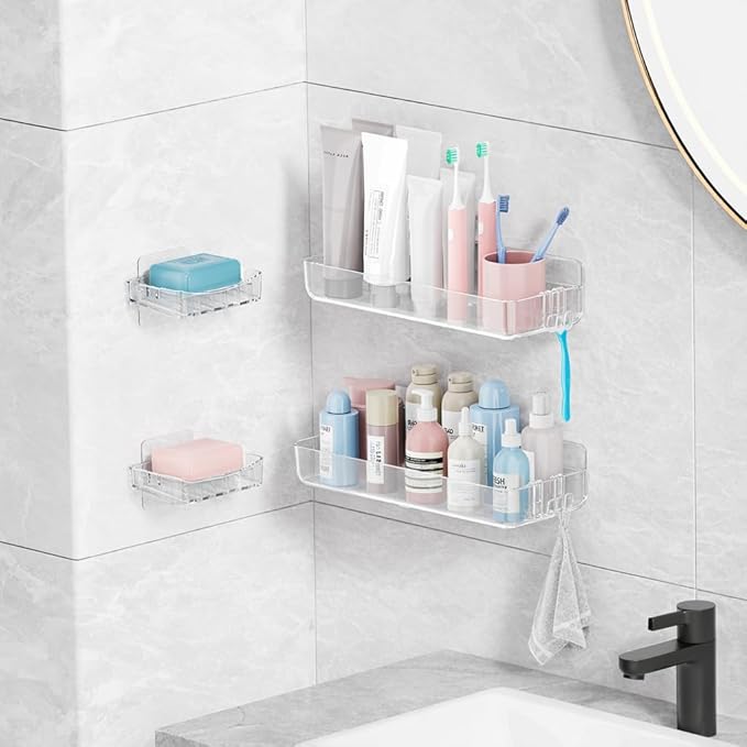 Sotfamily Clear Shower Caddy, Acrylic Wall Mounted Shower Shelves with Soap Dish & Adhesive Pads for Bathroom Organizers and Storage, No Drill Shower Caddies for Bathroom Decor